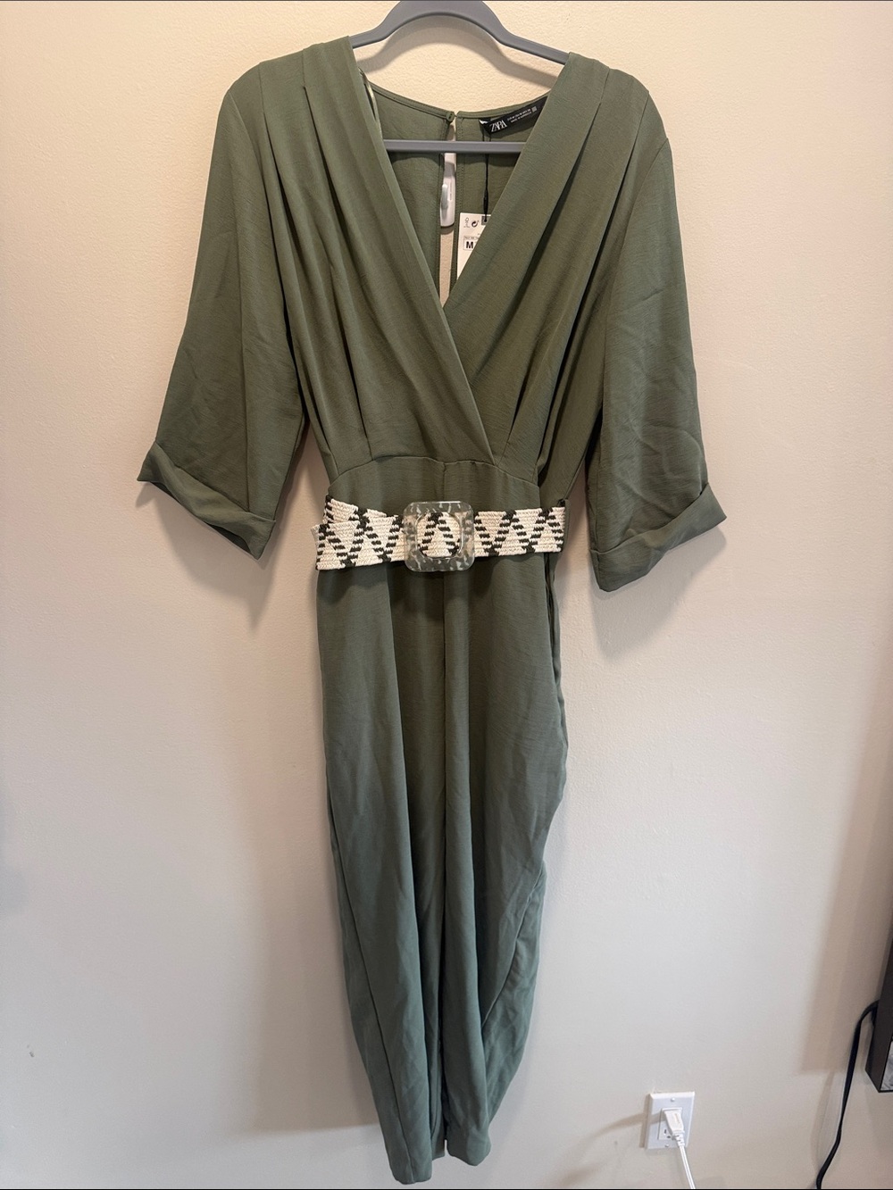 Zara Olive Green Jumpsuit with Patterned Belt
